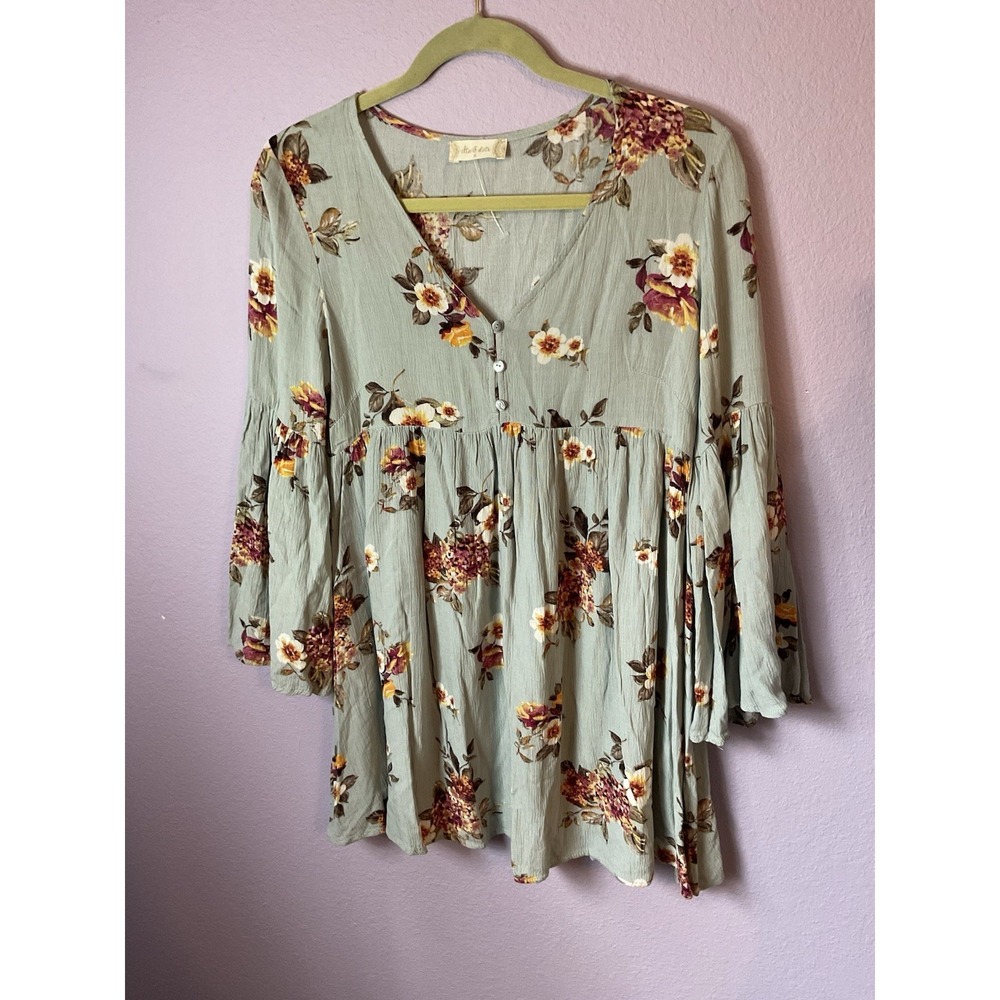 Altar'd State Teal Green Floral Tunic Top Mini Dress Size Small Boho Romantic